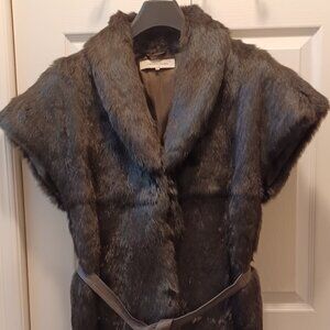 Gerard Darel, Black, Rabbit Fur, Lined Jacket/Vest w/Leather Belt, Size 42, NWOT