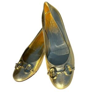 GUCCI Horsebit Metallic Gold Leather Ballet Flats Loafers Made in Italy Women’s