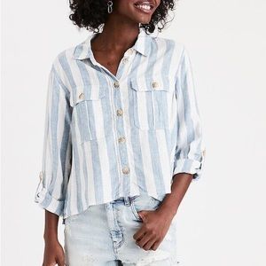 NWT‎ AMERICAN EAGLE Linen Striped Button Front High Low Shirt Blue and White