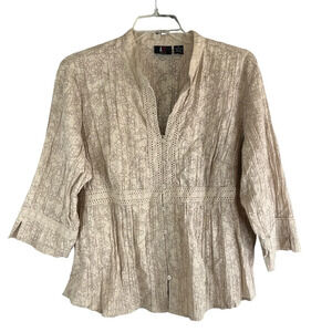 ALC WOMAN V-Neck Lace Textured Peasant Blouse Button Up Floral Print Tan Size 1X