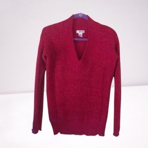 Red Sweater V-neck Pullover Long Sleeves Cotton Blend