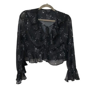 Topshop Black Sheer Novelty Star  Print Ruffle Sleeve Crop Top