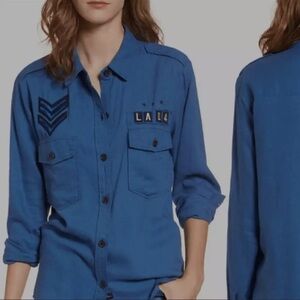 Rails NWT Women's Blue Banks Raw Edge Indigo Military Patch Button Down Shirt M