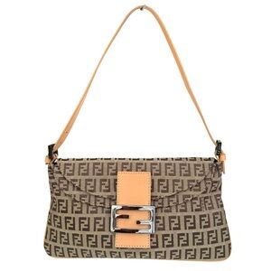 FENDI FF Zucchino Double Flap Baguette Brown Canvas Leather Detail Shoulder Bag