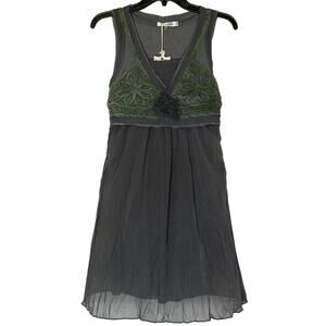 Monoreno Gray Dress Green Crochet Bust V-Neck Sleeveless Size Small