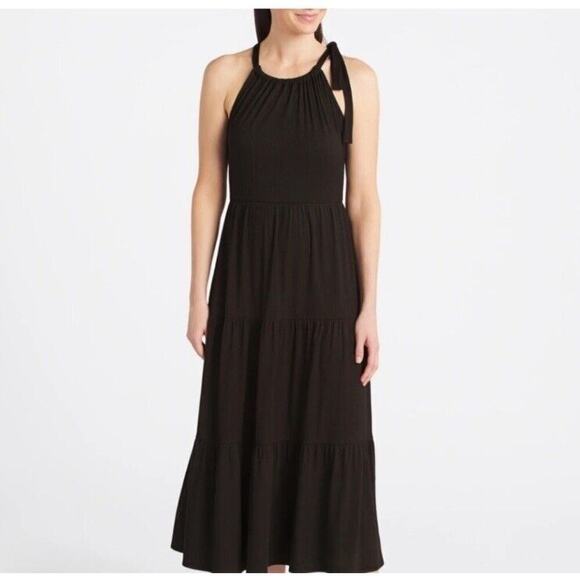 NWT Stitch fix Kaileigh Black Whitney Midi Dress sz M tie neck tiered keyhole - Picture 1 of 9