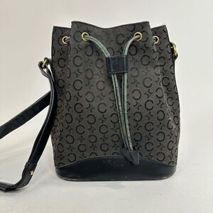 Vintage Celine Monogram Black Canvas and Leather Drawstring Bucket Bag