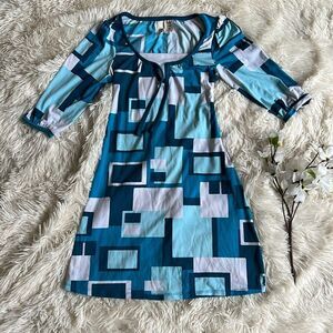 Route 66 Geometric Retro 70’s Turquoise Blue White Dress Size Medium 7/8