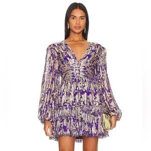 Hemant & Nandita Puff Sleeve Metallic Short Dress in Purple/Gold Small NWT