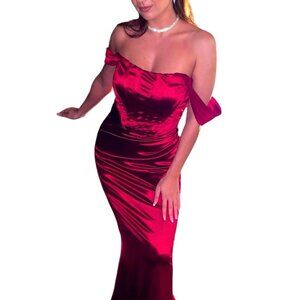 Corset Dress Red Satin Size Medium Off the Shoulder Gown