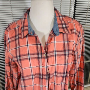 St. John's Bay Plus Long Sleeve Peach Plaid Button-Down Shirt, XXL (Org $38)