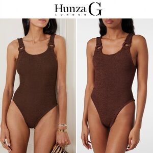 HUNZA G DOMINO SWIMSUIT METALLIC CHOCOLATE OS 255$ NWT