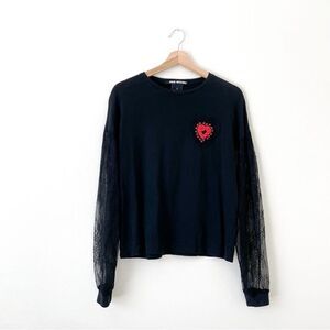 PINKO Amour Impossible Black Long Sleeve Lace Red Heart Crystal Top Shirt