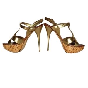 Miu Miu Mob Wife Gold Leather T-strap Cork Platform 5.5" Stilettos size 6.5