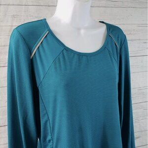 Athleta Teal Scoop Neck Top - Long Sleeves - MINT! Striped pattern - Rouched