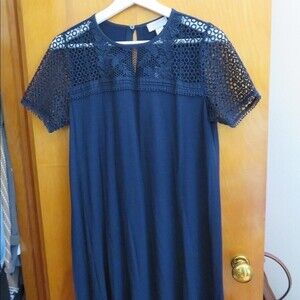 Loft Navy Blue Short Sleeve Crochet Swing Dress Petite NWT