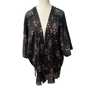 Ashley Graham Printed Satin Floral Kimono with Lace Insert XL 1X Black