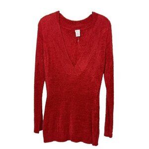 Red Sweater Deep V Neck Pullover Long Sleeve Fuzzy Soft Size Medium