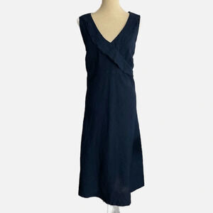 Cut loose Linen Midi Dress Ruffle Sleeveless Surplice Neckline Dark Blue Large