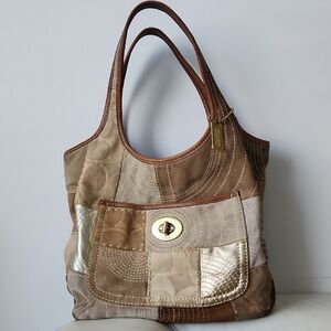 COACH Vintage Brown and Metallic Suede Slouchy Patchwork Shoulder Bag