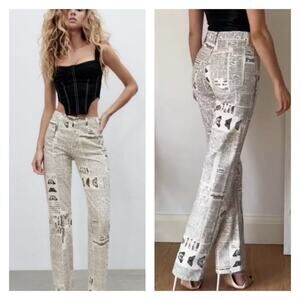 Zara Newspaper Print Straight Leg Jeans Black & White Sz US 10 NWT!