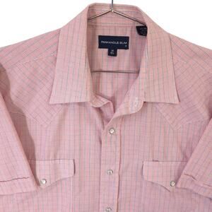 Panhandle Slim Shirt Mens M 15.5 Red Blue Check Western Short Sleeve Pearl Snap