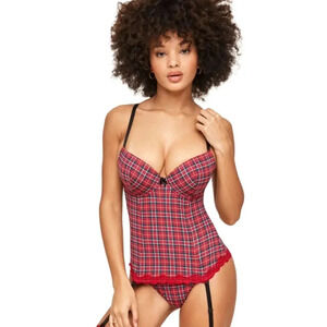 Adore Me 32D Corset  Plaid, Mesh, Lace, Garter Ties