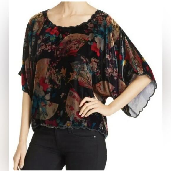 Johnny Was Jolie Fan Print Scalloped Edges Velvet Top Size Medium - Picture 1 of 12