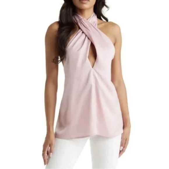 VICI Pink Satin Crossover Halter Tie Neck Blouse with Open Back Small NEW ! - Picture 1 of 14