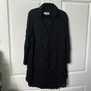 American Colors by Alex Lehr Black Cringle Cotton Ruched Long Sleeve Dress Large