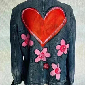 INC hand painted denim jacket, size M. With French sleeves; Military style