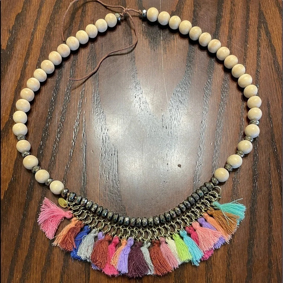 BETSY PITTARD WOODEN BEADS AND MULTI COLOR TASSEL NECKLACE 24” - Picture 1 of 4