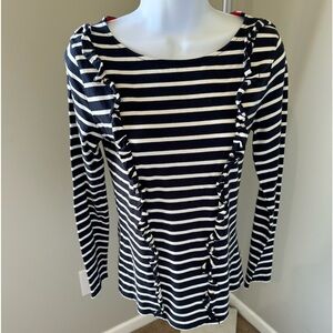 Boden Size 2 Long Sleeve T-Shirt Navy Blue White Stripe‎ Ruffles Scoop Neck Top