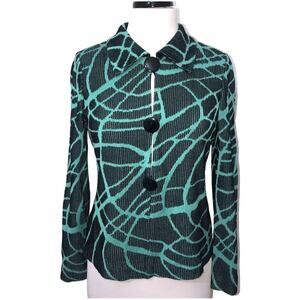 Ming Wang Black and Teal Abstract Print Acrylic Cardigan Sweater XS EUC