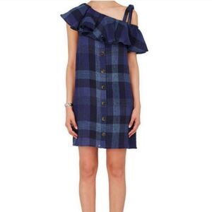 Sea New York Shift Indigo Plaid Off Shoulder Mini Dress Size 6