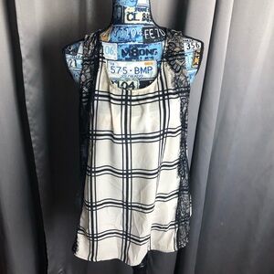 Bellatrix Plaid Tank Top Sleeveless Shirt Blouse with Lace Accent