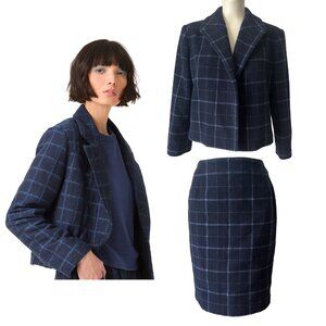 Vintage 90s Matching Wool Plaid Windowpane Blazer Skirt Coord Set Suit, Unworn