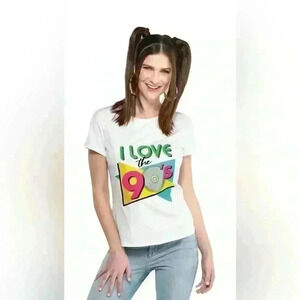 BNWT  Adult 1990s "I Love The 90's" Retro T-Shirt, White Multi-Coloured, L/XL