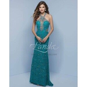 Splash Lace Halter Prom Dress J717 Teal