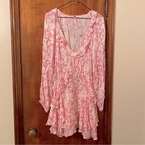 NWT Free People Rebecca Bubblegum Pink and White Ruffle Long Sleeve Dress