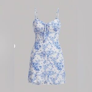 SHEIN MOD FLORAL PRINT DRAWSTRING FRONT CAMI DRESS BLUE SIZE 4/S NWOT NEVER WORN