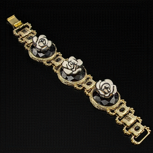 Retro 80s Gold tone and Black Flower Statement Bracelet - Gothic Revival Style