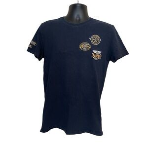 GUC Superdry men’s t-shirt, embroidery patches, navy blue, size medium.