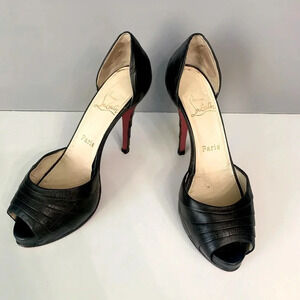 Christian Louboutin Black Leather Clownita Peep Toe Pumps Resoled & Damaged- 38