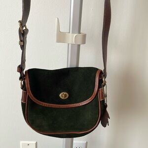 Vintage Roots dark green suede leather crossbody bag purse