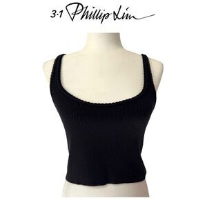 3:1 PHILLIP LIM Small Petite Black Crop Tank Top ribbed w tulip neckline.