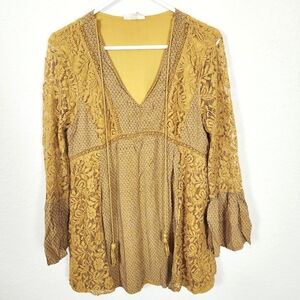 Entro | New Floral Lace Long Sleeve Blouse Gold Medium