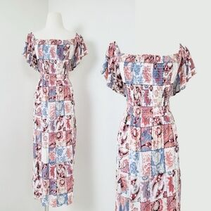 In Every Story Patchwork Midi Dress Ruched Gathered Peasant Off the Shoulder