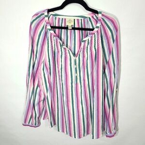 St Johns Bay Women's Size Large L‎ Long Sleeve Striped V-Neck Blouse Shirt