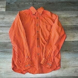 AUTHENTIC ST JOHN’S BAY OXFORD ORANGE AND RED STRIPED BUTTON UP LONG SLEEVE